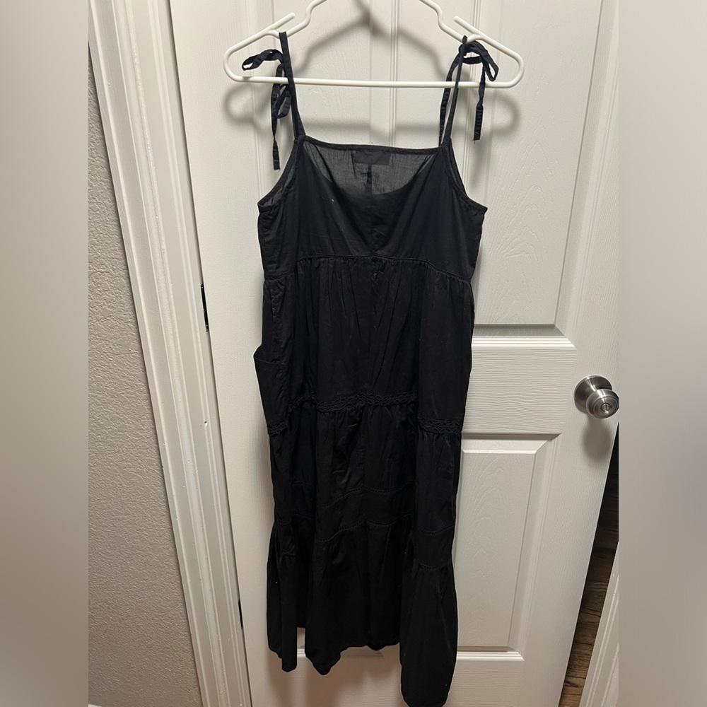 Hatch | Black Maternity Dress Tiered Pockets Spaghetti Strap Tie Sz 1/S - Picture 7 of 10